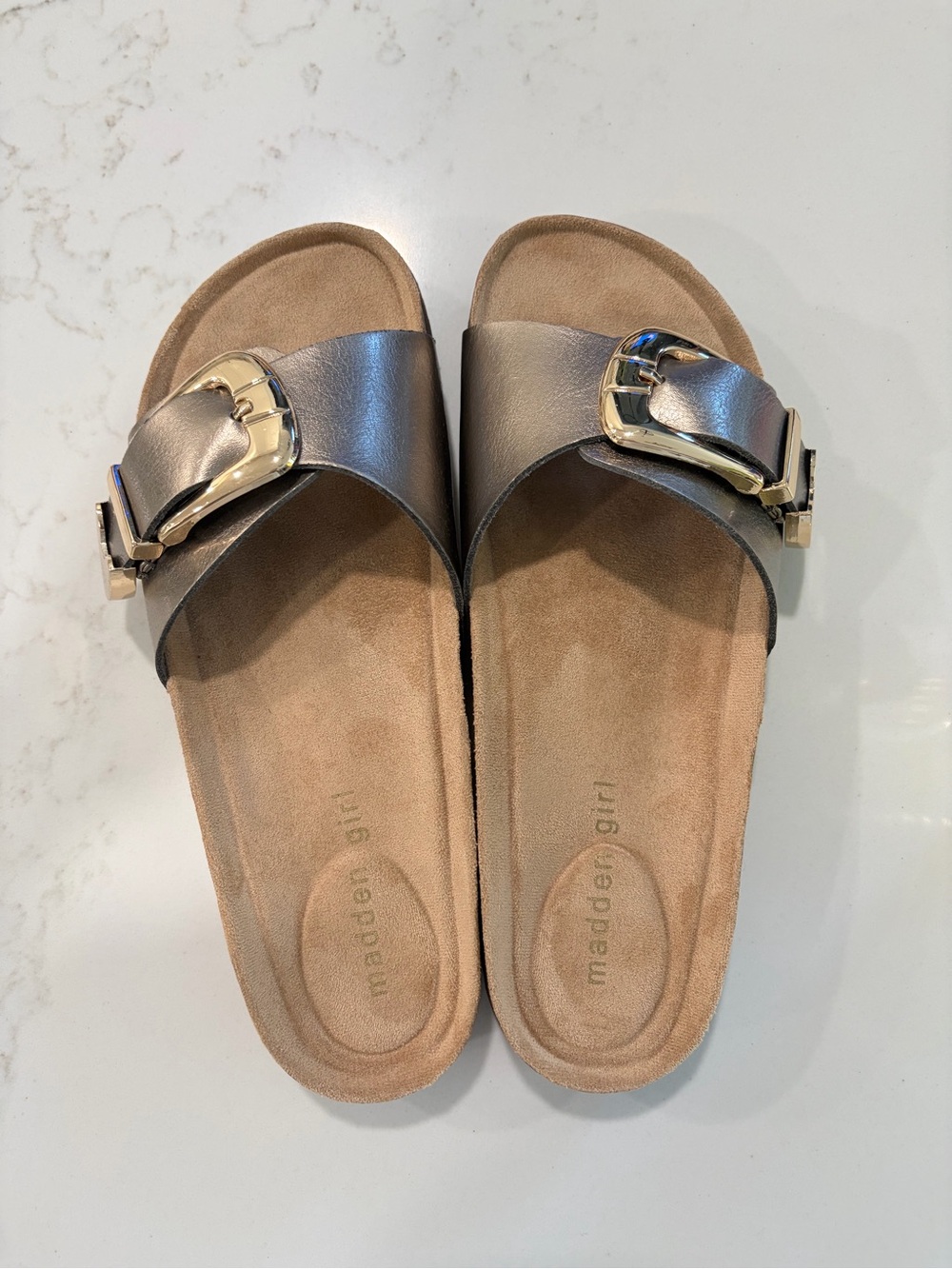 Madden Girl Metallic Bronze Buckle Slide Sandals - Gold Buckle